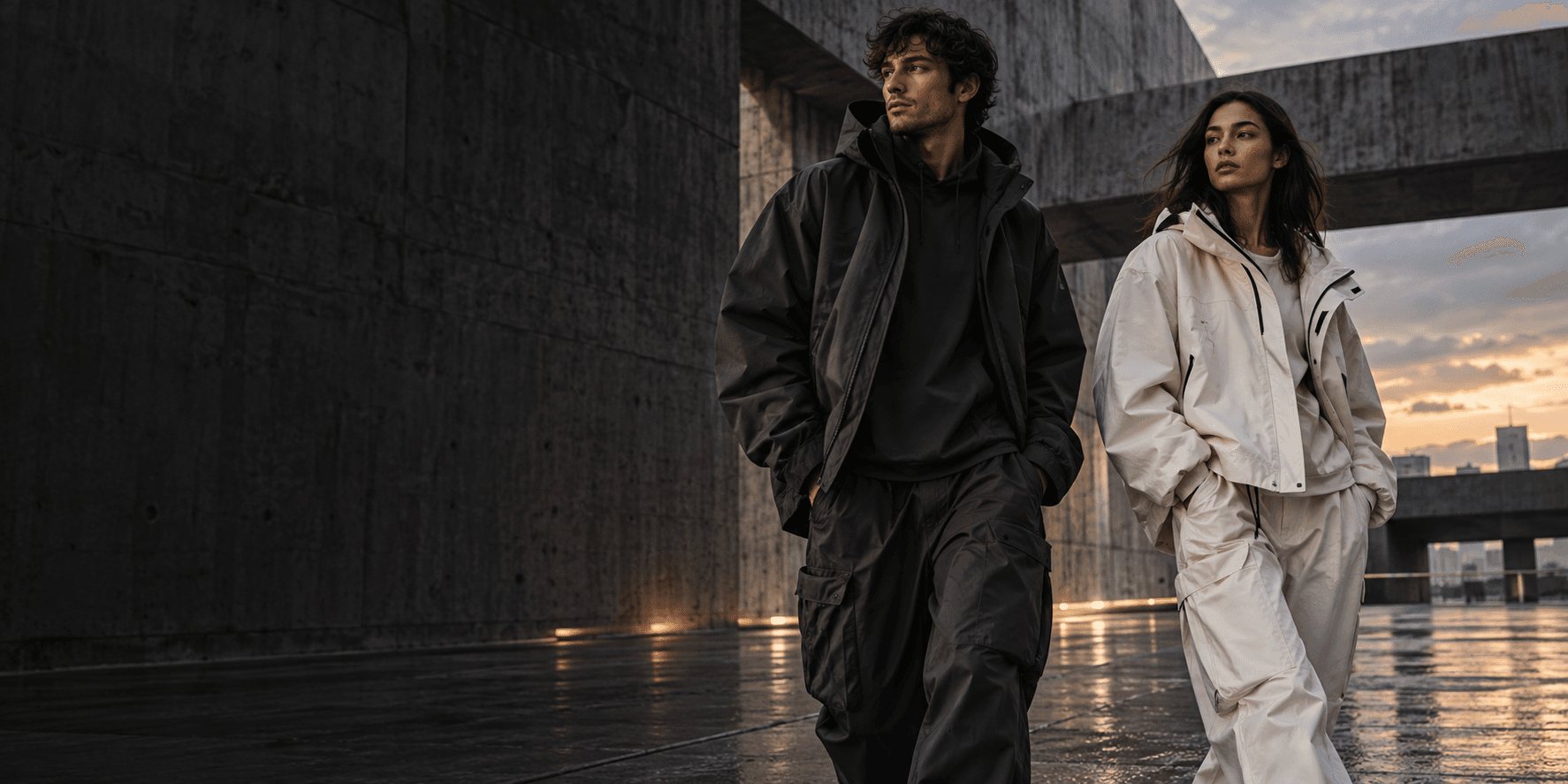 Fashion models wearing J&GLO-inspired hoodies and outerwear in a concrete city setting