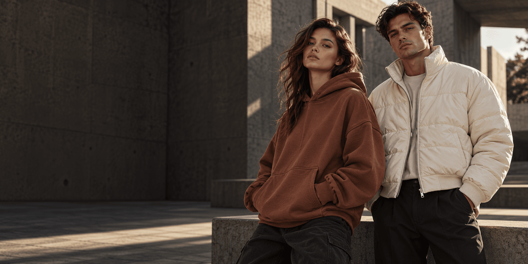 Streetwear campaign featuring layered neutral apparel